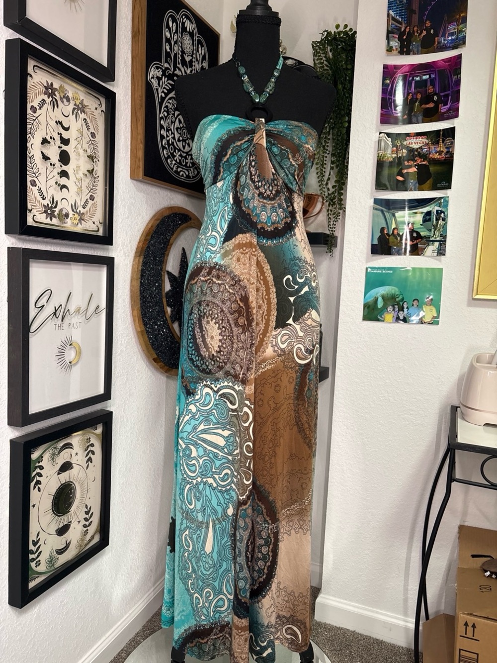 Vintage Y2K Kisses & Hugs Teal Paisley Patchwork Beaded Halter O-Ring Maxi Dress
